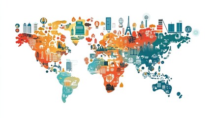 Obraz premium World map icons on a white background, ideal for geography, global connections, and world exploration visuals.