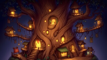Obraz premium Enchanted tree village illuminated by warm lights at twilight