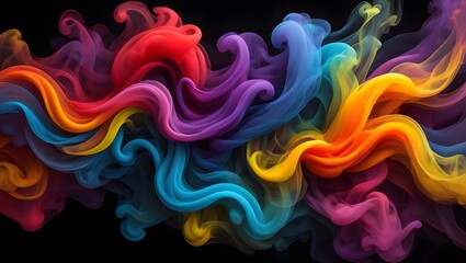 Vibrant swirling ribbons of colorful smoke dance across a dark background