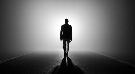 Obraz premium Person walking away from light in fog