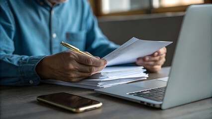 Focused Senior Man Reviewing Documents at Desk with Laptop