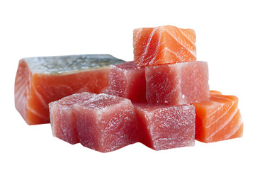 Raw salmon and tuna cubes, fresh seafood.