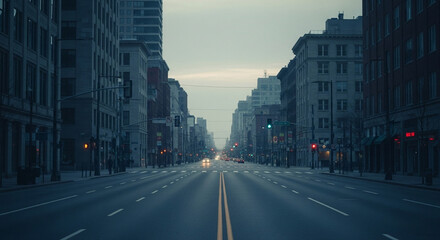 Obraz premium Empty city street at dawn with lights. Empty urban street in early morning light with distant traffic and calm ambiance. 