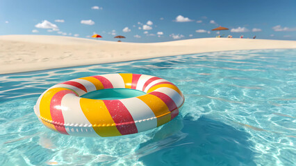 Obraz premium Summer vacation at the beach with pool and float ring for swimming and relaxation in the sun light