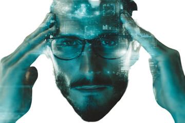 Man with digital data overlay on his head, AI concept.