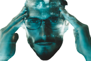 Man with digital data overlay on his head, AI concept.