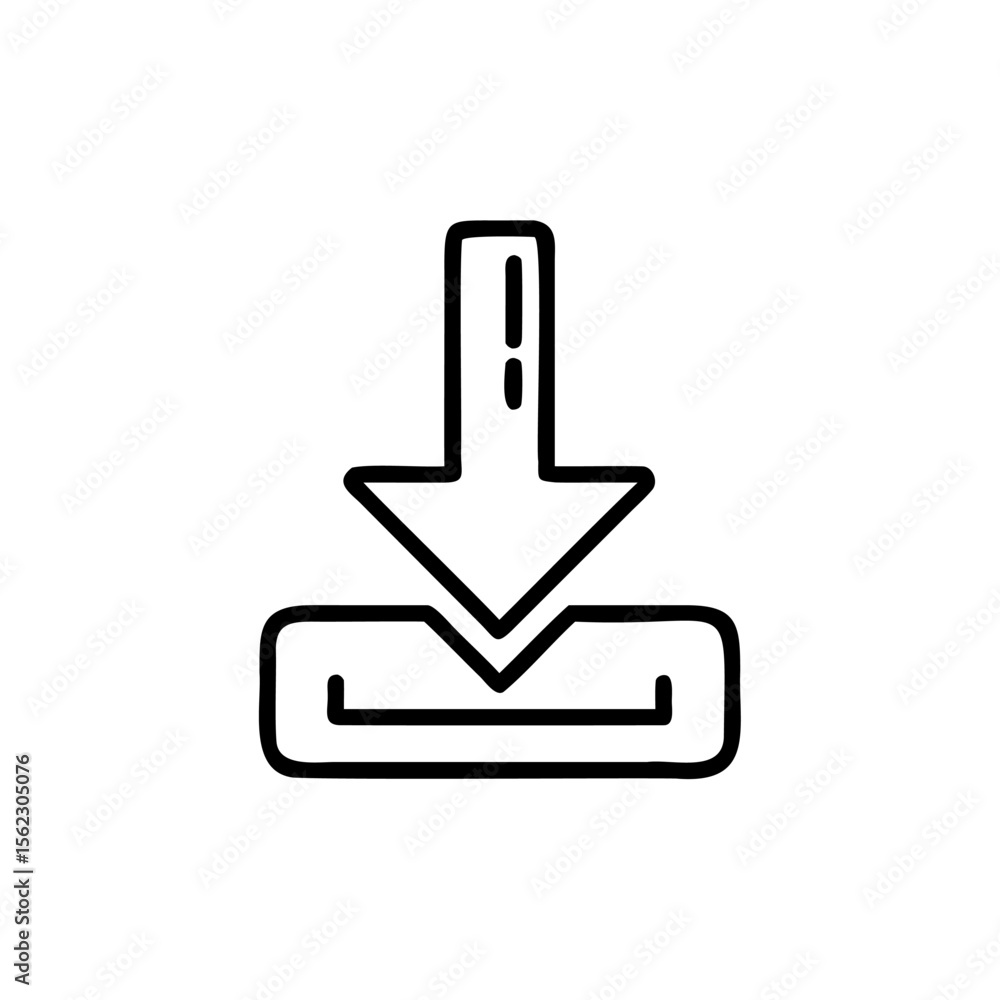 Poster handdrawn download arrow symbol pointing down into a rectangular box on icon graphic