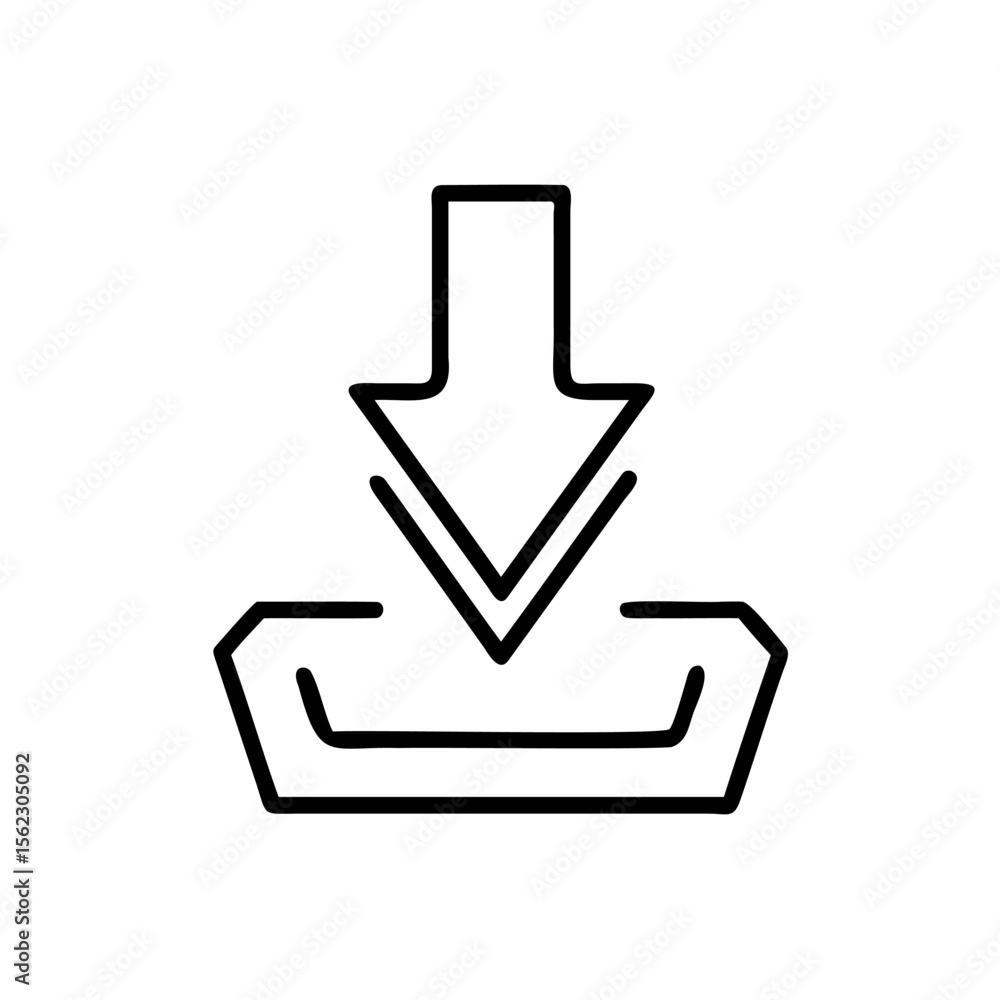 Poster download icon with arrow pointing down into a rectangular container on symbol graphic