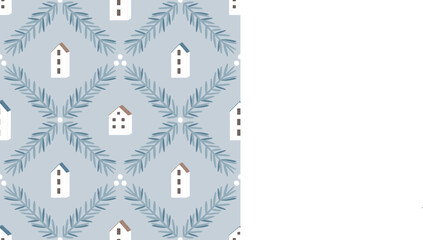 Seamless winter pattern with Scandinavian houses, pine branches and berries on blue background