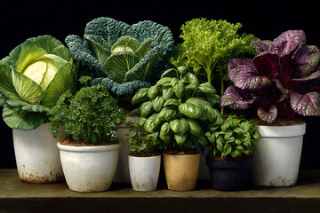 Vibrant Leafy Greens and Herbs in Pots cabbage kale