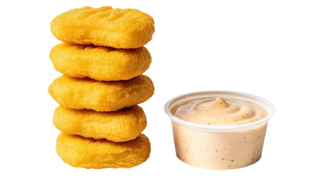 Golden fried chicken nuggets stacked high beside flavorful creamy dipping sauce.