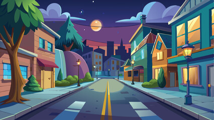 Cartoon Town Street at Night with Moon, Buildings, and Streetlights Illustration