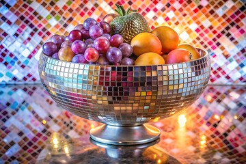 A disco ball bowl is filled with a vibrant mix of grapes, oranges, and a golden strawberry, creating a dazzling display of light and color on a reflective surface