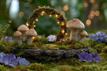 Whimsical mushroom display with fairy lights mushrooms