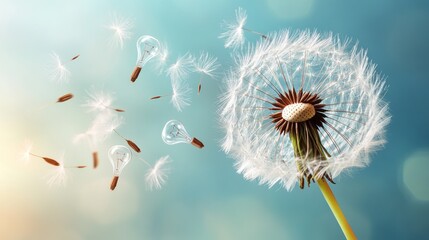 Dandelion with light bulbs, soft pastel background