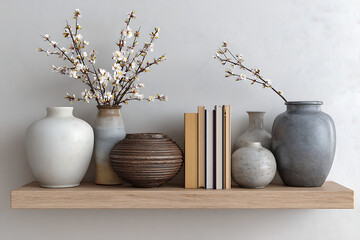 White and grey vases with blooming branches and books