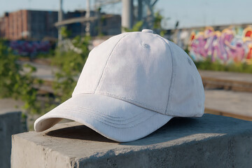 White baseball cap on concrete fabric stitching