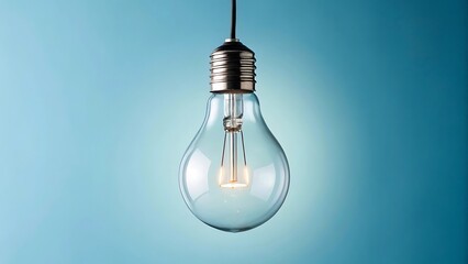 A classic light bulb with a glowing filament hangs suspended against a soft blue background, symbolizing innovation and the power of a bright idea