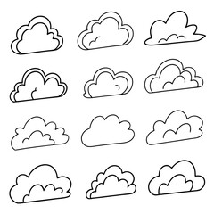 Fototapeta premium A vector illustration featuring nine simple black outline cloud icons in various shapes and styles, arranged in a grid, all on a plain white background