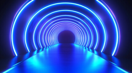 Obraz premium Neon sci-fi futuristic alien spaceship interior featuring vibrant blue glowing lines and laser beams.