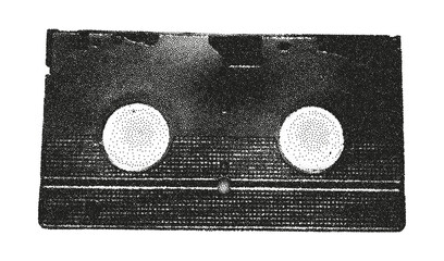 Trendy halftone monochrome stipple element of VHS tape back view, old analog video cassette. Grunge punk vintage dotted texture for y2k collage design. Retro photocopy vector illustration