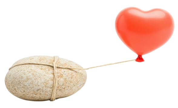 A smooth stone tied with string is connected to a red heart-shaped balloon floating upward.