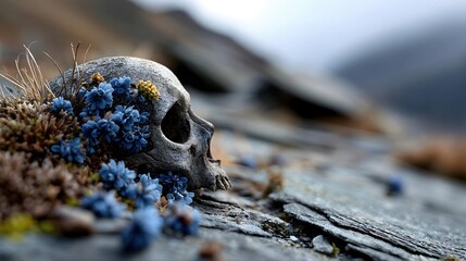 Obraz premium Crane gris et fleurs bleues sauvages sur roche, composition macro