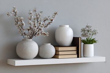 White vases and floral branches on shelf image
