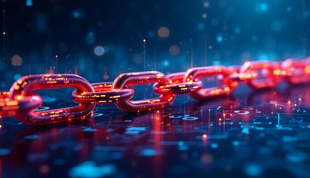 Glowing red digital chain on a circuit board background, a concept of blockchain technology and security