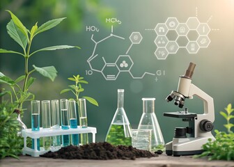 Scientific research on plants and soil with chemical formulas and equipment