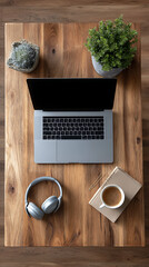 Wooden desk with laptop headphones coffee and plants