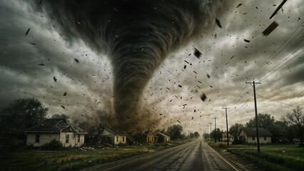 A terrible tornado tears through a small town, scattering debris and destroying buildings under a dark, stormy sky