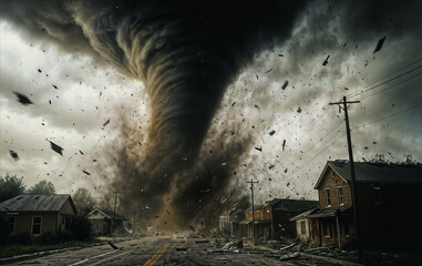 A terrible tornado tears through a small town, scattering debris and destroying buildings under a dark, stormy sky
