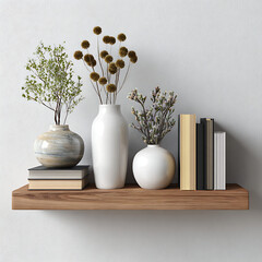 Wooden shelf with decorative vases and books dried flowers