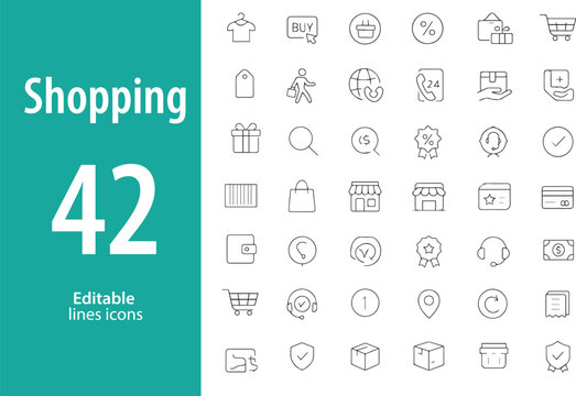 Shopping Line Icons, Cart, Bag, Wishlist, Credit Card, Checkout, Discount Tag, Storefront, and More , Editable Formats: AI, EPS, JPG, PNG , Ideal for Both Digital and Print Use