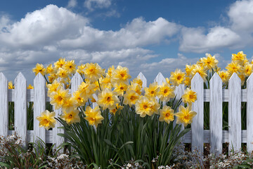 Yellow daffodils bloom against white picket fence under blue sky