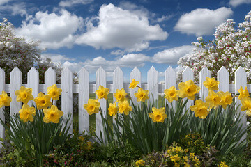 Yellow daffodils bloom beside white picket fence spring flowers