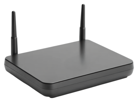 A sleek black wireless router with two antennas, designed for high-speed internet connectivity and enhanced wireless coverage.