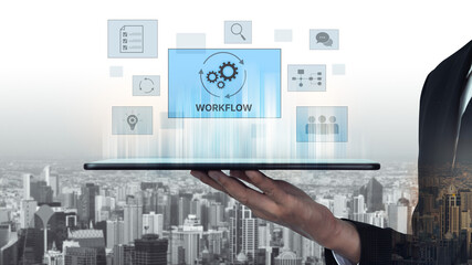 Workflow optimization concept featuring interconnected gears, task management, collaboration,...