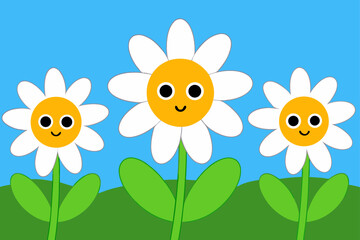 Spring Meadow with Chamomile Blossoms and Green Grass