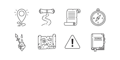 Black and White Adventure and Travel vector Icons Set on White Background
