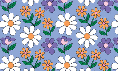 Seamless daisy and floral pattern on blue vector art illustration.