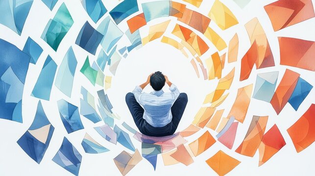 A person sits in a colorful spiral of abstract shapes, symbolizing thoughts and emotions in a creative process.