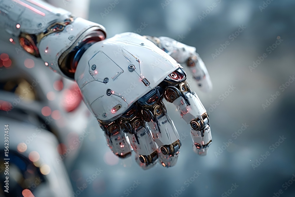 Poster advanced robotic hand extending forward, showcasing intricate design and glowing details against a b