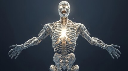 A transparent human skeleton model showcasing the intricate structure of bones and joints.