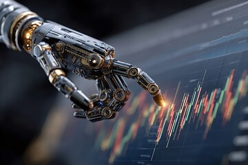 Robot hand pointing growing stock market chart analyzing financial data representing artificial intelligence and automated trading algorithms in modern finance