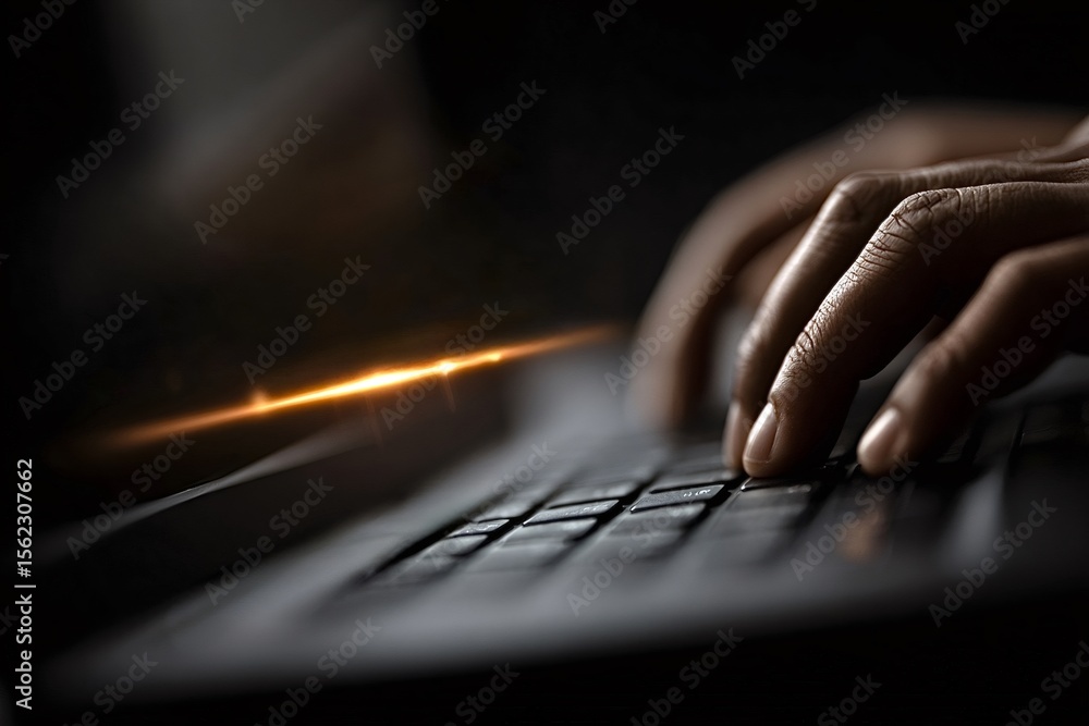 Poster close up of hands typing on a laptop keyboard in a dimly lit room. with a dramatic lens flare adding