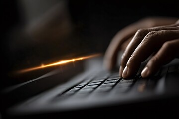 Close up of hands typing on a laptop keyboard in a dimly lit room. With a dramatic lens flare adding a touch of mystery and intrigue to the scene. Suggesting a programmer working late into the night