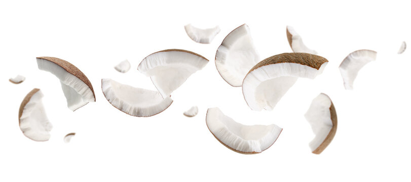 Coconut pieces fly and levitate in space. Isolated on white