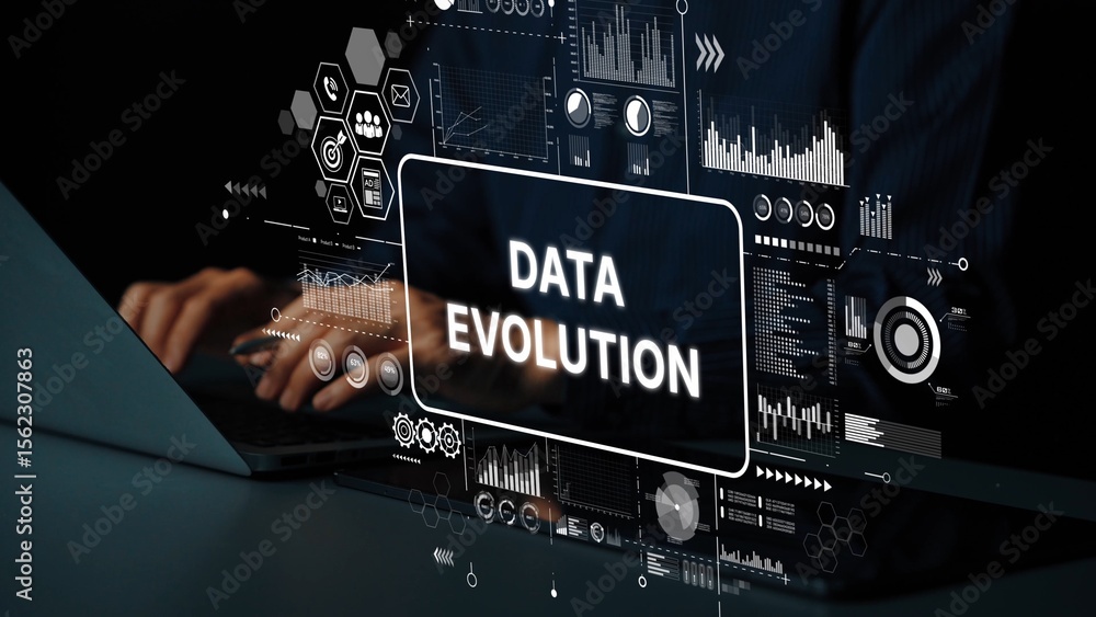 Poster futuristic interface showing data evolution concept with charts and graphs representing information 